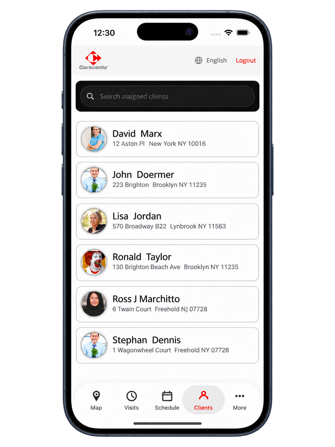 Carecenta mobile app assigned clients list